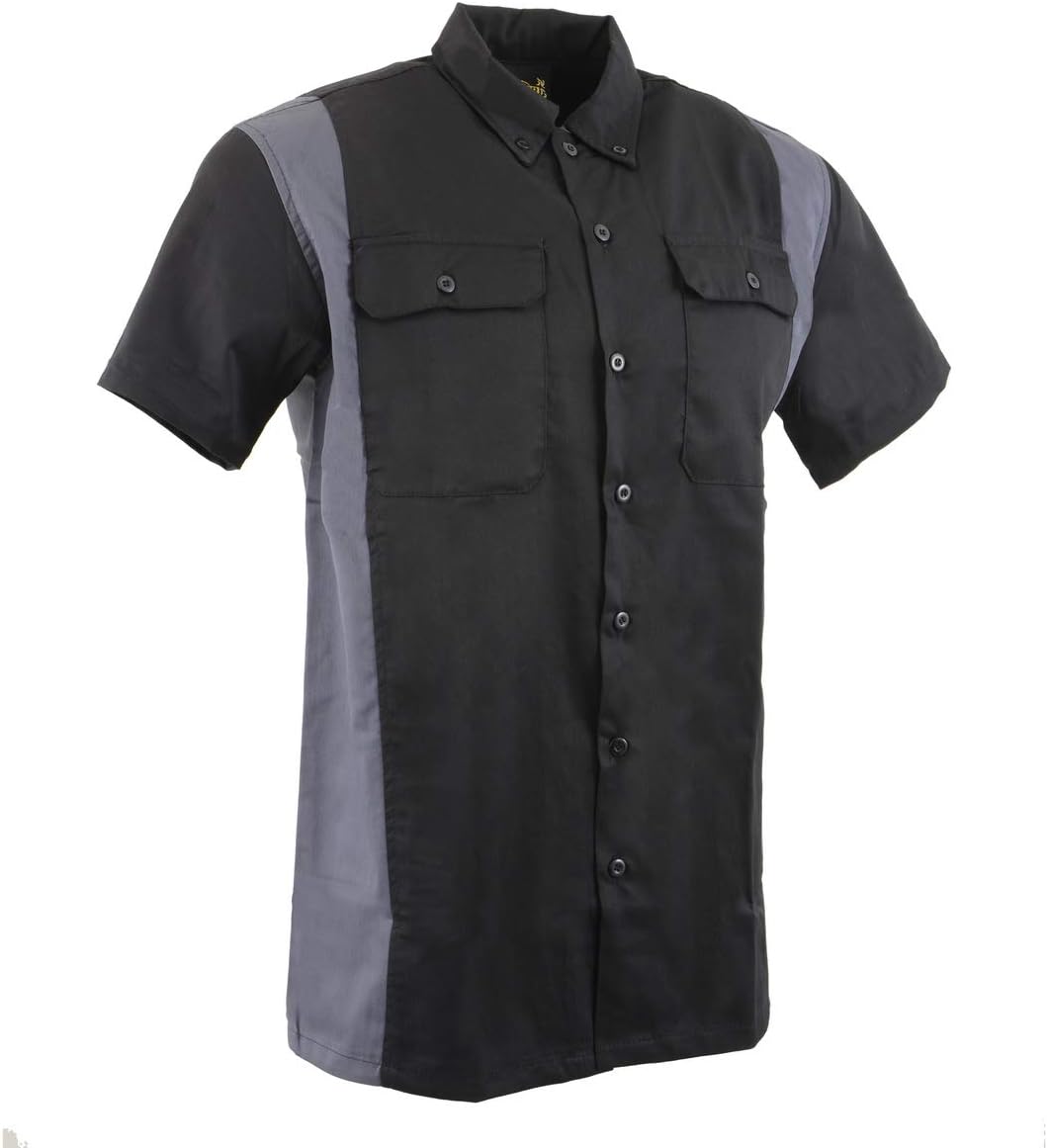 MDM11674 Menโs Black-Grey Button-Up Heavy-Duty Work Shirt - Classic Mechanic Shirt w/Pockets