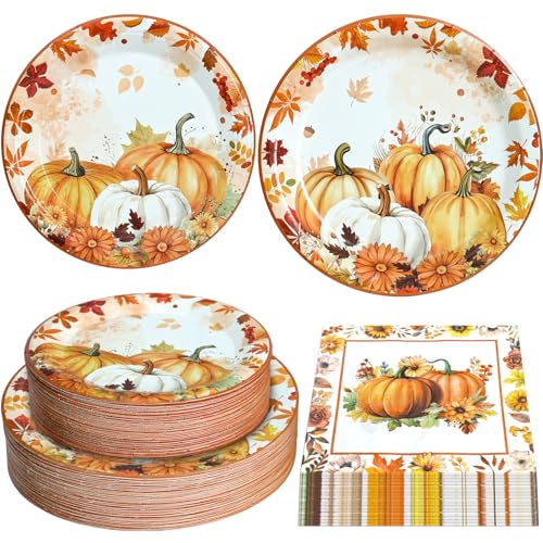 180 Pcs Fall Paper Plates and Napkins Thanksgiving and Pumpkin Plates Disposable Dinnerware Set for Autumn Thanksgiving Party Supplies Serve 60 Guests