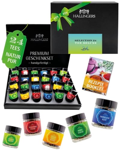 Hallingers Genuss Manufaktur Tee Geschenkset - 24 Sorten Premium loser Tee im Glas in edler Geschenkbox, vegan & glutenfrei, Tee Set Selektion No. 2 Probierset, Geschenkidee für Frauen, Weihnachten