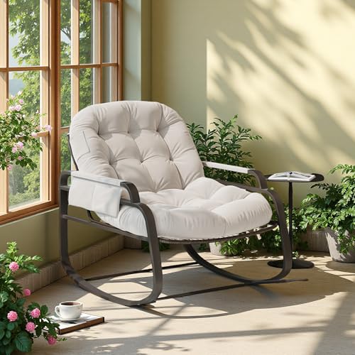 Grand Patio - Sillón mecedora (89,5 x 94,5 x 93,5 cm, mecedora de ratán con reposapiés plegable, silla exterior con bolsillo lateral y cojín, para dormitorio, sala de estar, jardín, lino, beige