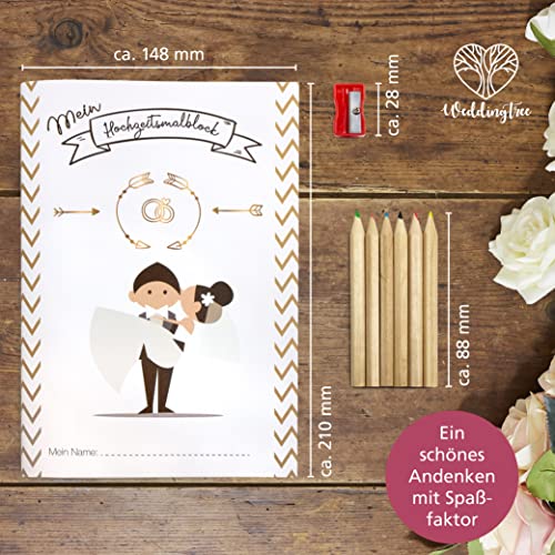 WeddingTree 6x Malblock - Malbuch für Kinder mit Buntstifte und Anspitzer - Gastgeschenke - Beschäftigung Hochzeit- Hochzeitsmalbuch, Weiß
