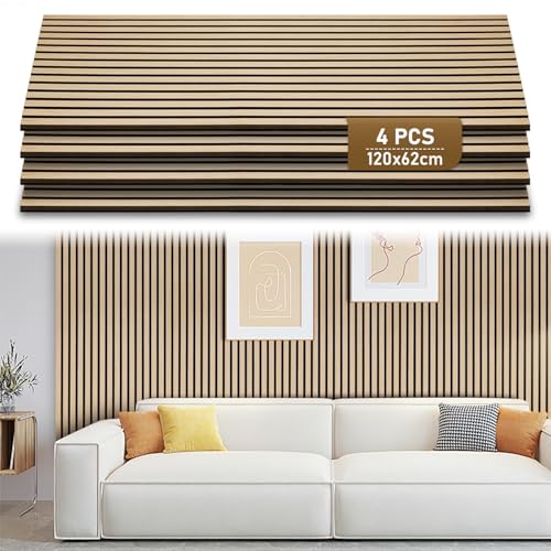 Ollewiellan Akustikpaneele 2.88㎡ 4er Wandpaneele Holz Eiche und Filz 120x60CM Holzpaneele,Wandverkleidung holz für Studio und Zuhause Innenwanddekoration –Wandpaneele Eiche