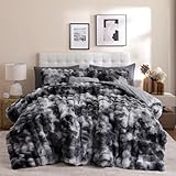YIKUSH Tie-dye Grey Comforter Set Queen - Luxurious Faux Fur Comforter for Winter, Fluffy Comforter Queen Set with 2 Pillowcases, Soft Warm Tie-dye Grey Bedding Set