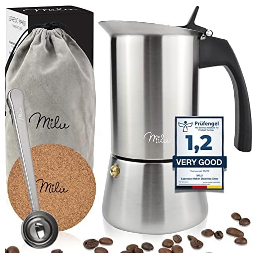 Milu Cafetera Italiana (2 Tazas sin inducción) | 2, 4, 6, 9 Tazas | Cafetera Moka de Acero Inox, Expresso Maker - Set comprensivo di sottobicchiere, cucchiaio, spazzola (2 tazze da 100 ml)