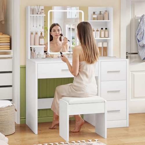 Image of FIONESO Vanity Desk with Mirror and Lights, Makeup Vanity with Power Outlet and 4 Drawers & 6 Shelves & 5 Hooks, 3 Color Modes & Adjustable Brightness, White Vanity for Bedroom