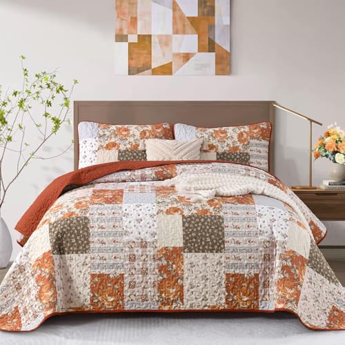 Patchwork Quilts Set King Size 3 Pieces Terracotta Plaid Bedspread Coverlet Set Bohemian Farmhouse Brown Patchwork Quilt Bedding Set for All Season Reversible Lightweight Bed Cover for All Season