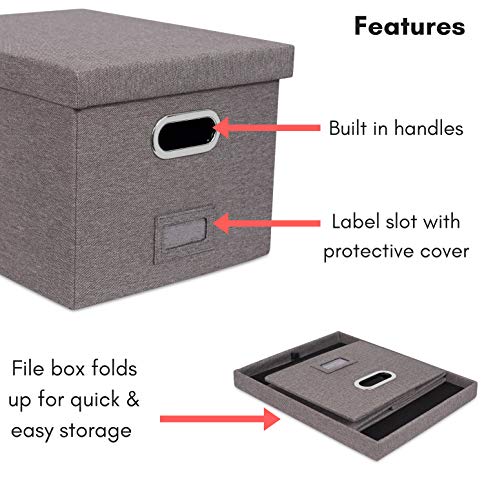 Internet's Best Collapsible File Box Storage Organizer With Lid - Decorative Linen Filing & Storage Office Boxes – Hanging Letter/Legal Folder – Home Office Bins Cabinet – Grey Container - 1 Pack #TOP3