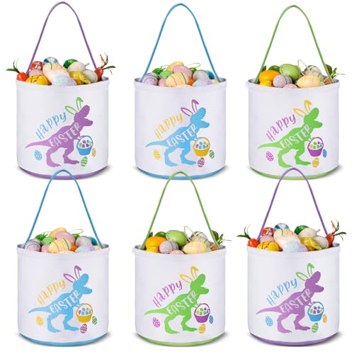 Image of 6 Pcs Canvas Easter Basket with Handle Dinosaur Bucket Bags Bulk Fabric Eggs Hunt Totes for Party Supplies Easter Candy Gifts Storage Favors