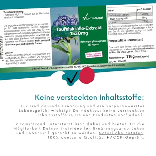 Vitamintrend Teufelskralle Kapseln hochdosiert 1530mg Extrakt, 180 Stück, schluckfreundlich, Harpagophytum, veganes Nahrungsergänzungsmittel ohne Zusätze, in Deutschland hergestellt