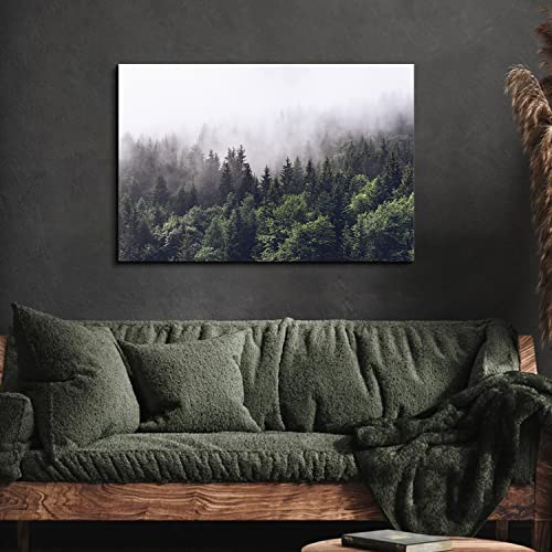 Image of Nature Forest Wall Art for Living Room Misty Mountain Landscape Canvas Picture Decor 24x36 inch Nordic Green Foggy Forest Pine Tree Scenery Print Painting Artwork for Bedroom Office Modern Home Decoration