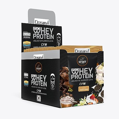SPORT LIVE 12 Monodosis Whey protein isolate | Aislado de proteína en polvo | Proteinas whey isolada de suero de leche | Proteinas aumenta tu masa muscular | Cookies & Cream | 30G|Drasanvi