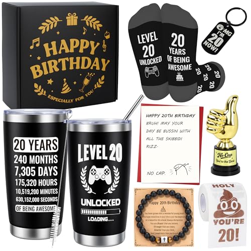 EccoDen Gifts for 20 Year Old Male - 20 Year Old Boy Gifts with 20oz Tumbler Cozy Socks Toilet Paper Cross Bracelet Keychain Passport Cover Greeting Card Birthday Gifts for 20 Years Olds Male