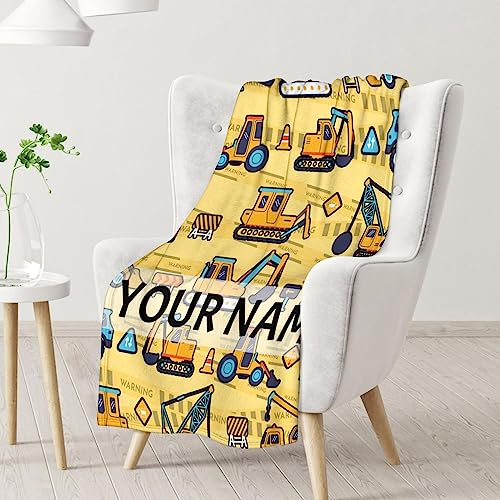 Personalized Construction Truck Blanket Gifts with Name - 40x50 Inches Funny Throw Blanket for Boys & Kids - Yellow Soft Fuzzy Excavator Blankets for Bed, Couch & Living Room