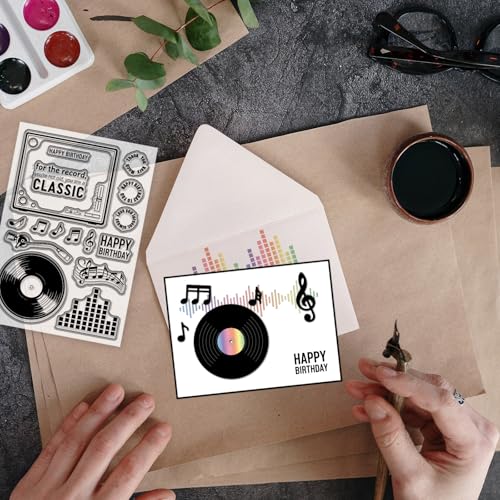 GLOBLELAND Transparente Stempel Und Stanzformen Set Mit Vintage Musik Zum Gestalten von Karten Musik Schallplatten Transparenter Silikonstempel Retro Glottenrahmen Metall Stanzformen Für Geburtstage