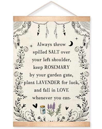 Practical Magic Wall Art Decor -Always Throw Salt Over Your Left Shoulder- Salt Rosemary Lavender Floral Canvas Print with Wood Frame Wall Hanging Poster for Bedroom Living Room Kitchen14x18.5 Inch(White)