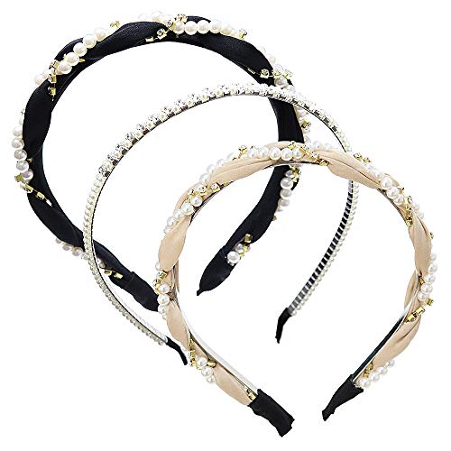 Pearl Rhinestone Elastic Hair Hoops -3pcs Headband Floral Twist Turban Headband Cross Knot Headbands Hair Accessories for Women