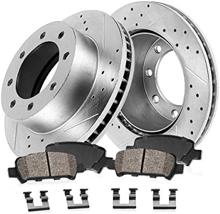 Callahan BRAKE PARTS Rear Drilled Slotted Brake Disc Rotors and Ceramic Brake Pads + Hardware Kit For 2013 - 2022 Ford F-250 F-350 Super Duty Single Rear Wheel