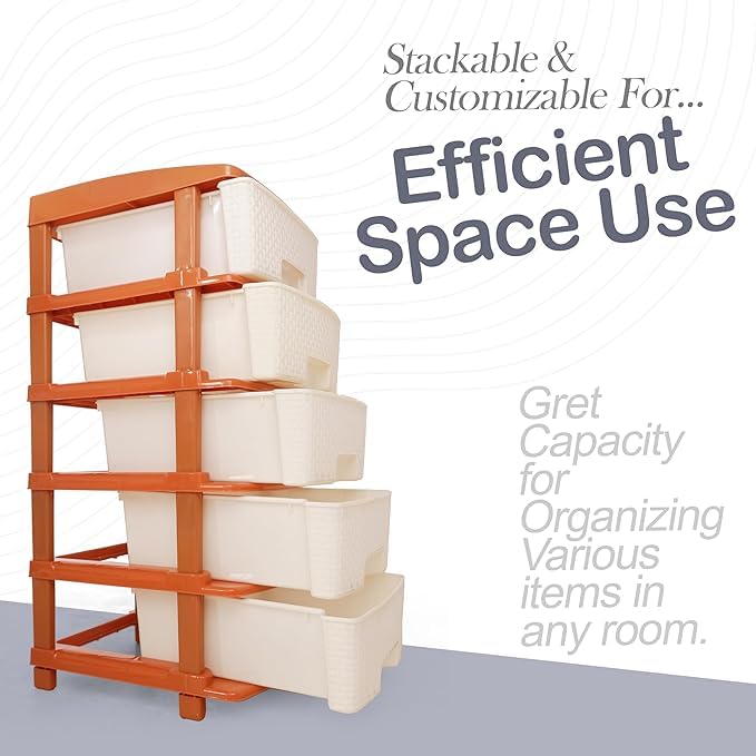 Image of KITCHIVO Plastic Modular Drawer Storage Chest Of Drawers Organizer Storage Box, Large Stomo Racks For Multipurpose Anti-slip Shoes Organizers (White & Golden, 5 Layer)