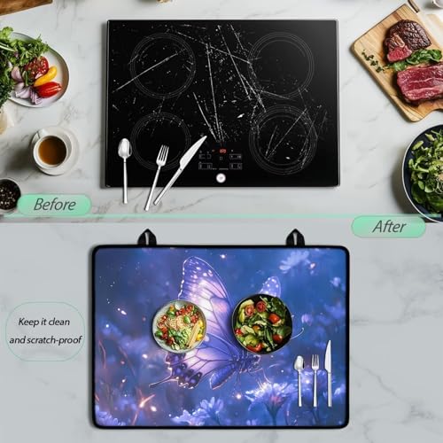 Image of Butterfly Purple Stove Top Cover for Electric Stove, Multifunctional Stove Mat, Heart Resistant Cooktop Cover, Folding Range Top Cover, Countertop Dust Protection Cover, 30 x21 Inches