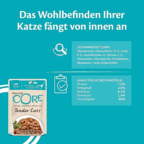 Wellness CORE Tender Cuts 6 x 85g, Hühnchen Selection Mix – Nassfutter für Katze, zarte Stücke in Sauce, getreidefrei, natürlich, hypoallergen, proteinreich, hoher Fleischanteil
