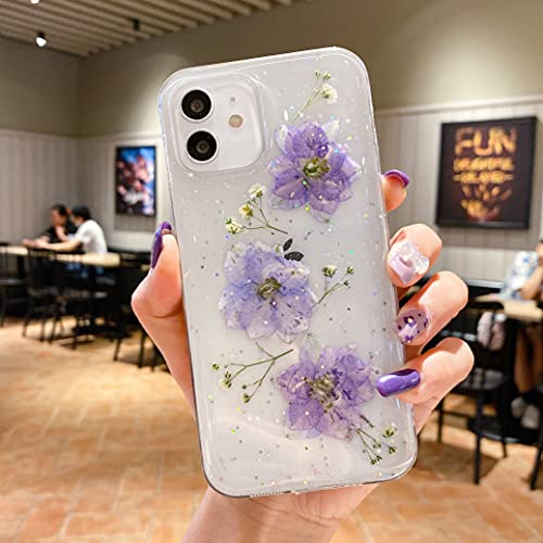 iPhone 14 対応 クリア 可愛い ケース, CrazyLemon 人気タイプ 綺麗 オシャレ 美しい 紫 パープル 本物の花 花びら 花柄 デザイン キラキラ グリッター 薄型 軽量 透明 ソフト シリコーン アイフォン 14 ケース カバー 耐衝撃 バンパー レディース 女性向け - 04