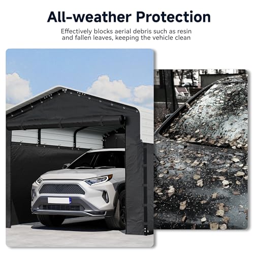Image of 10x15FT Heavy Duty Metal Carport, Outdoor Carport with Galvanized Steel Frame and Roof, Multi-Use Car Garage Shelter with Removable Sidewalls, Enclosed for Cars, Pickup, Tractors, Tools, Cream White