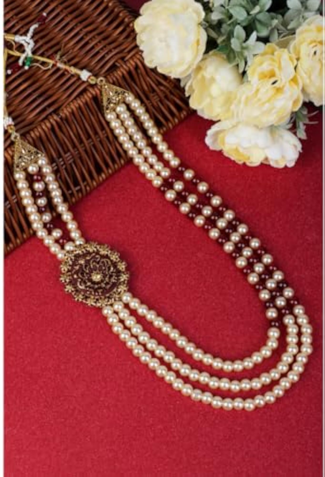 Men's Pearl Beads Dulha Sherwani Necklace, Exquisite Groom Mala