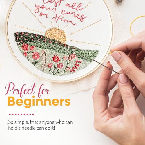 Image of Elly & Grace Christian Embroidery Kit with Embroidery Hoop, Easy Embroidery Kit for Beginners and Adults, Full Embroidery Hoop Kit with Needles and Thread Included (Cast All Your Cares)