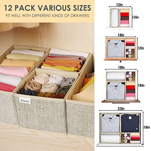 Image of 12 Pack Drawer Organizers for Clothing, Foldable Clothes Storage Box Closet Dresser Drawer Organizers Dividers, Bedroom Organization Fabric Bins for Baby Clothes Underwear Sock Bra Ties (Beige)