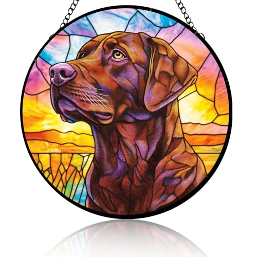 Stained Glass Suncatcher Chocolate Labrador Retriever Dog and Sunset Handmade Window Hangings Colored Glass Suncatcher Crafts Kits for Indoor Garden Decoration Gift for Per Lover Memorial 6.3in
