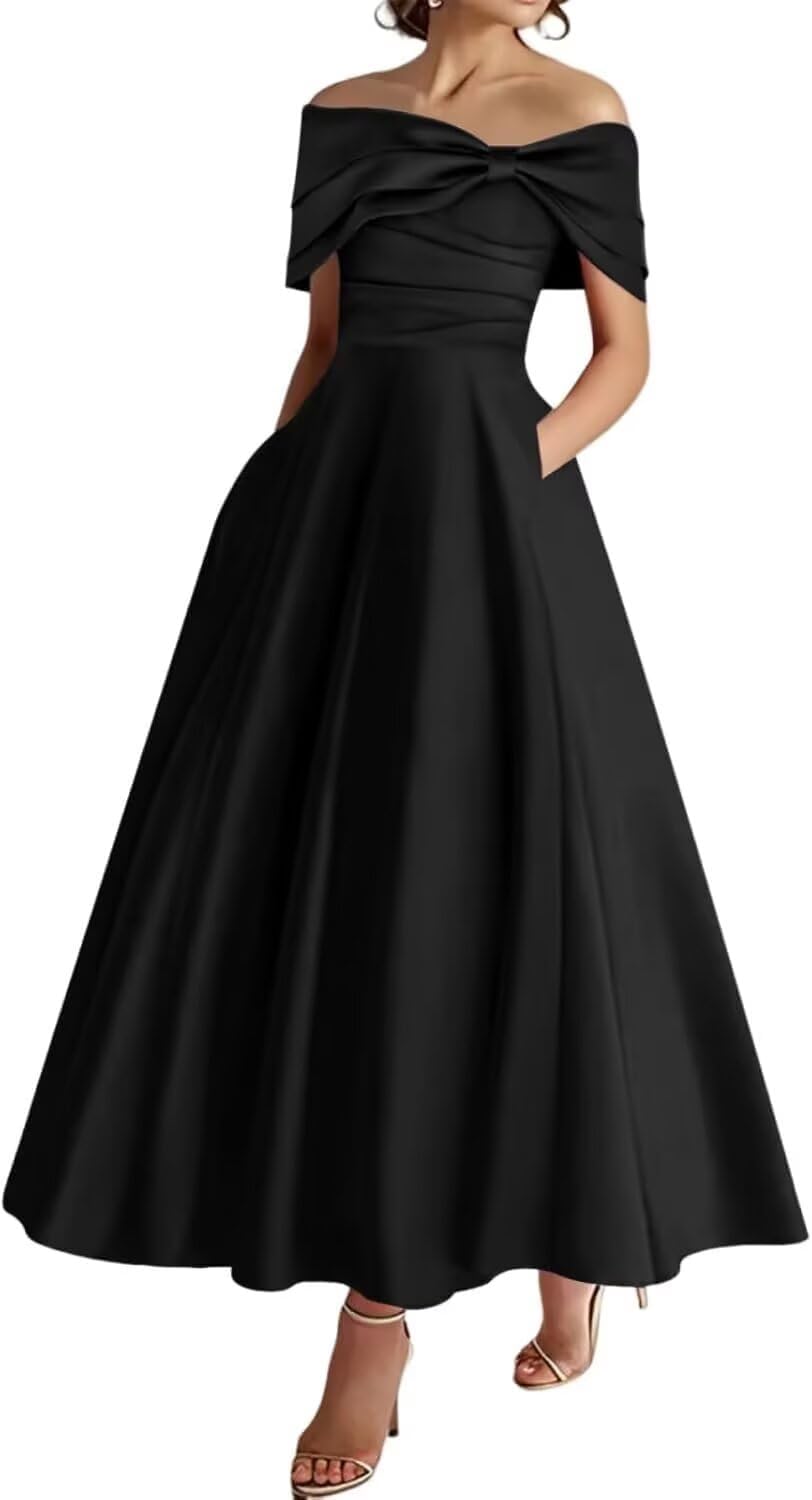 One Shoulder Mother of the Bride Dresses for Women Satin Tea Length Formal Prom Evening Gowns with Pockets