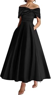 One Shoulder Mother of The Bride Dresses for Women Satin Tea Length Formal Prom Evening Gowns with Pockets