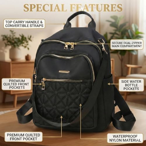 Image of Kraptick Women's Quilted Nylon Backpack Purse - Convertible Anti-Theft Shoulder Bag Waterproof Fashion Rucksack for College, Office & Travel (Black)