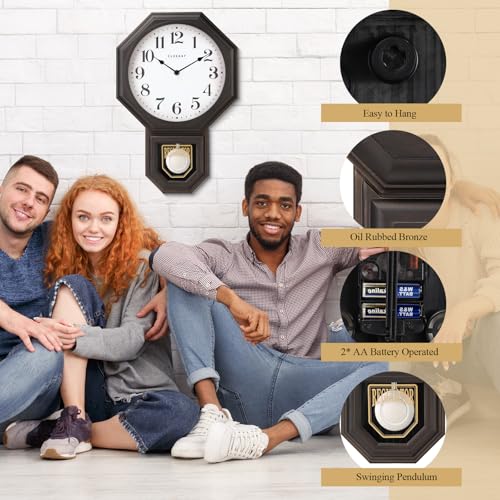 CLXEAST Pendulum Wall Clocks for Living Room Decor, Large Schoolhouse Regulator Clock with Pendulum,Oil Rubbed Bronze Black Plastic,House Warming Gifts New Home,12" W x 17" H - Image 5