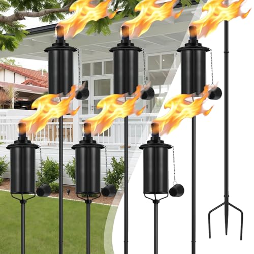 FAN-Torches Home Garden Torch Set of 6, 16oz Outdoor Metal Torch Garden Décor, 59-Inch Upgraded Citronella Torches with 3-Prong Grounded Stake, Metal Light Torches for Party Patio Pathway