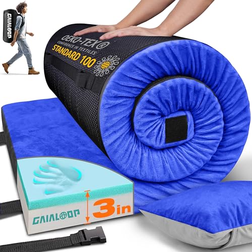 Gaialoop 3 Inch Memory Foam Camping Mattress, Dual Layer Thick Sleeping Camp Pad for Car Tent Cot, Roll-Up Portable Glamping Floor Bed for Guests Sleepover[Cot: 72 * 24 * 3"] by Gaialoop - Used condition - US$61.55