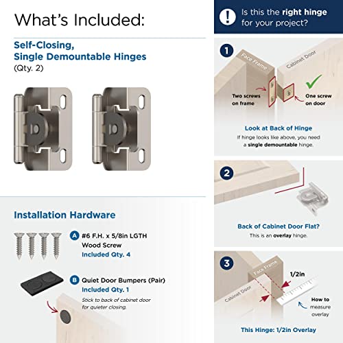 Amerock | Single Demountable Cabinet Hinge | 1/2 Inch (13 Mm) Overlay Hinge | Satin Nickel | 2 Pack | Self-Closing Hinge | Cabinet Door Hinge #TOP3