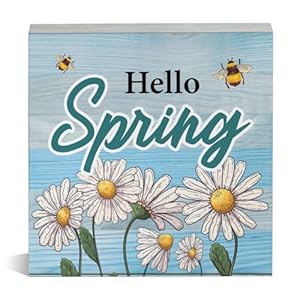 Spring Wooden Sign Hello Spring Wood Block Sign Rustic Daisies Spring Decorative Desk Sign Home Shelf Tabletop Decor 5 X 5 Inches