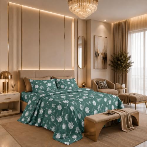 Image of Jaipur Weaves Cotton King Size Bedsheet 108x108 Super King, 100% Pure Cotton Bed Sheet with 2 Pillow Covers, 300 TC Soft Breathable Floral Design Bedding (Green Tulips, Super King)