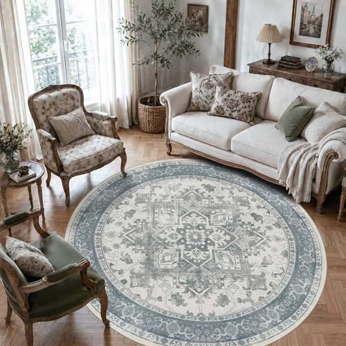 Blue Round Rug for Bedroom, Vintage Circle Rug(6ft)