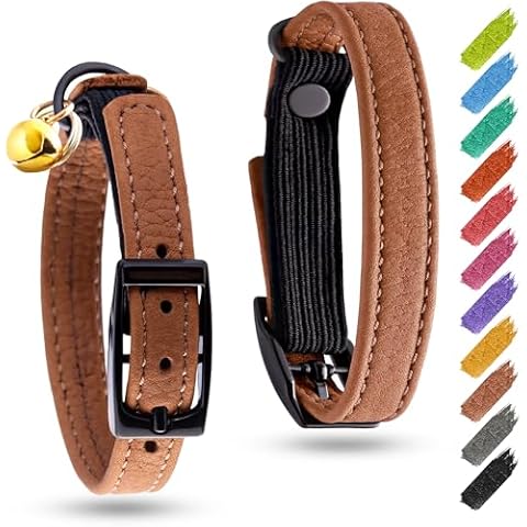 Cat Collar Leather with Bell & Elastic Strap - Pet Collar Leather - Leather Kitten Collar - Cats Small and Big Cat Collar for Boy Cats, Girl Cats with Safety Elastic Strap (Brown, 6" - 8") Cover