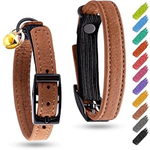 Cat Collar Leather with Bell & Elastic Strap – Pet Collar Leather – Leather Kitten Collar – Cats Small and Big Cat Collar for Boy Cats, Girl Cats with Safety Elastic Strap (Brown, 6″ – 8″)