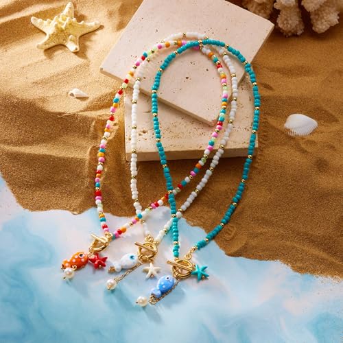 RINHOO FRIENDSHIP Ceramic Fish Necklace Toggle Boho Beachy Hawaiian Colorful Beads Summer Choker Delicate Fish Necklace for Women Men (Multi) — view 6