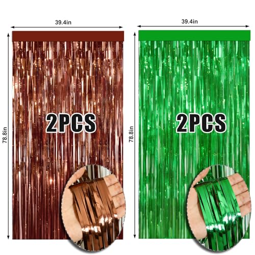 Image of 4 Packs Football Foil Fringe Curtain, Brown Green Glitter Metallic Tinsel Backdrop for Birthday, Baby Shower, Super Bowl, Football Game Day Party Decorations Supplies