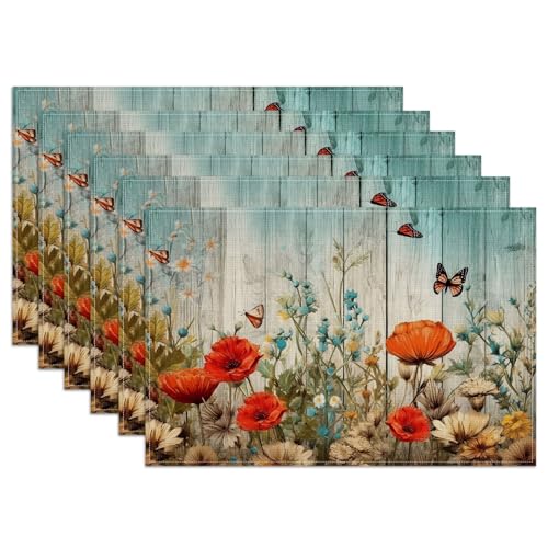 Poppy Butterfly Wood Grain Placemats Set of 6, Vintage Flower Washable Linen Place Mat Heat Resistant Non Slip Kitchen Dining Table Mats 12x18 Inch