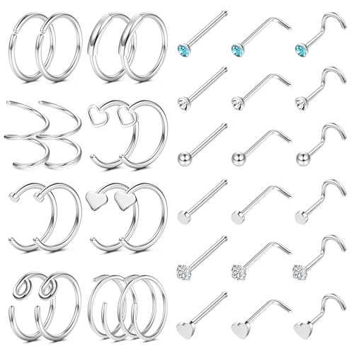 FINREZIO 34pcs 22G Nose Rings - Hoop Studs, L-Shaped Screw Studs, Hypoallergenic Surgical Steel Nose Piercing Jewelry for Women & Men