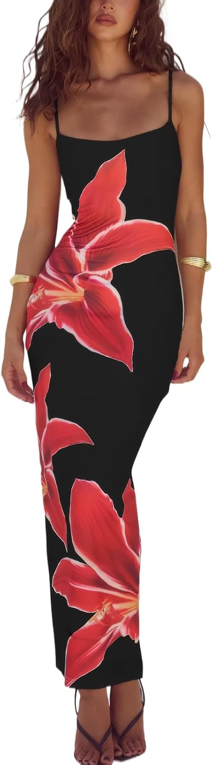 Womens Summer Casual Floral Dresses Spaghetti Strap Bodycon Maxi Beach Dress Elegant Evening Party Long Dresses