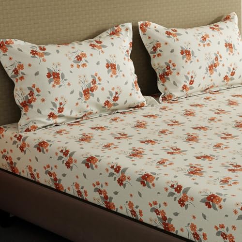 Image of Layers 100% Cotton Fitted Sheet for King Size Bed | Lumina Floret Collection | 144 TC Soft & Breathable | Floral Print with 2 Pillow Covers | Wrinkle Free & Colorfast | 3 Pc Bedding Set - White