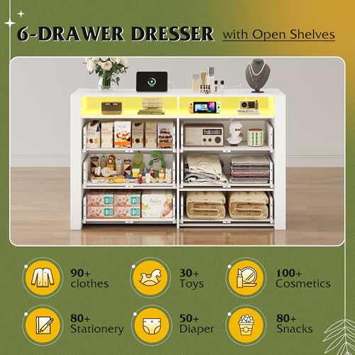 WLIVE 6 Drawer Led Dresser for Bedroom, 50.79'' White Wood Dresser Storage Organizer with Power Outlets for 55'' TV, Dressers with Open Shelves, Hanging Rack, Chest of Drawers for Closet, Living Room
