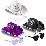 Hercicy 6 Pcs LED Cowboy Hat and Heart Glasses Light up Disco Cowboy Hat Sequin Space Cowgirl Hats for Women Men Halloween Party Western Costumes(Silver, Black, Purple)